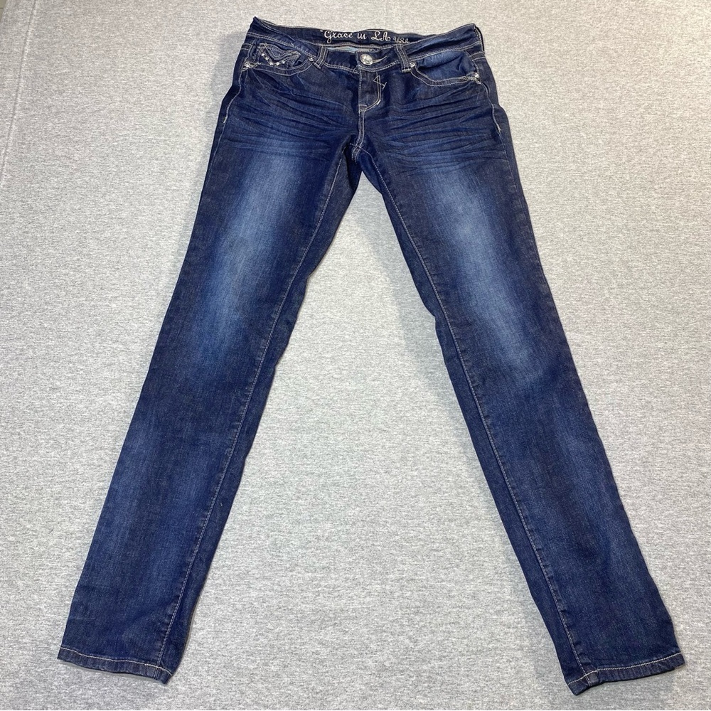Grace In LA Skinny Jeans Women 9/28 Blue Embellished Skinny Textured Faded Denim